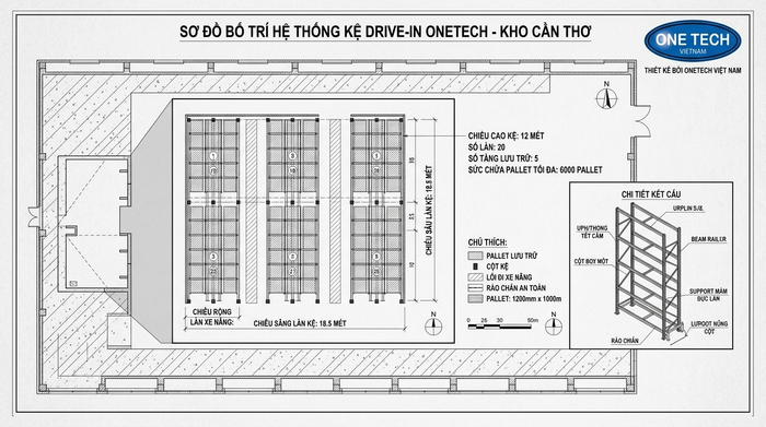 Bản vẽ thiết kế kệ drive in theo kích thước kho tại Cần Thơ