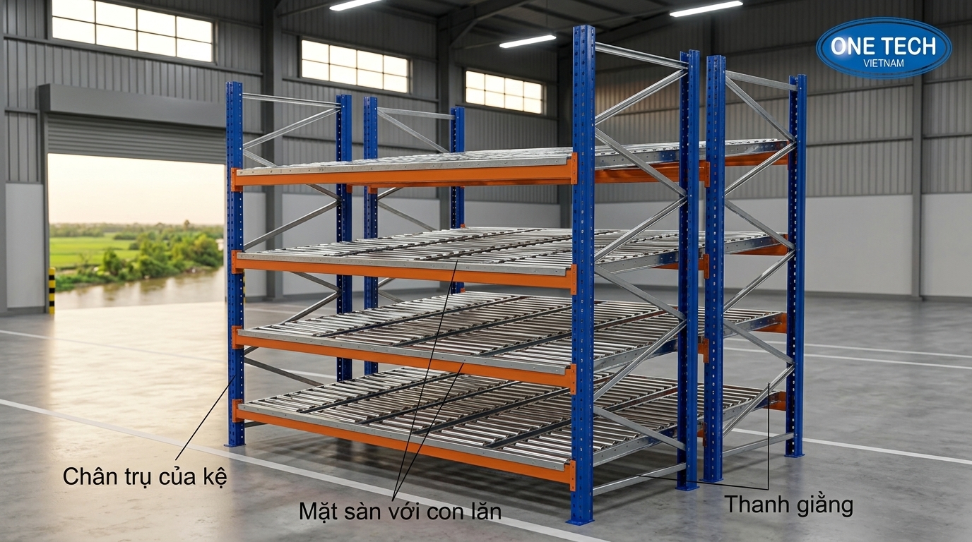Cấu tạo kệ con lăn flowrack cho kho hàng Cần Thơ Cấu tạo kệ con lăn flowrack tại Cần Thơ