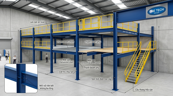 Cấu tạo kệ sàn mezzanine cho kho Cần Thơ Cấu tạo kệ mezzanine gồm cột trụ beam mặt sàn lan can cầu thang