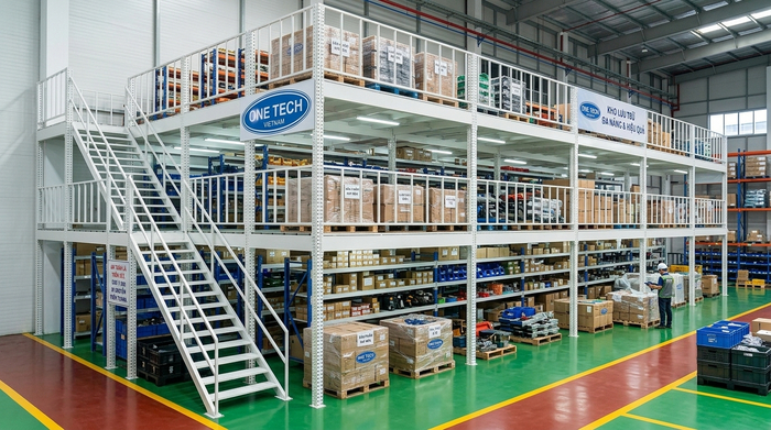 Kệ sàn mezzanine thực tế mẫu 01 Hình ảnh kệ sàn mezzanine thực tế trong kho hàng