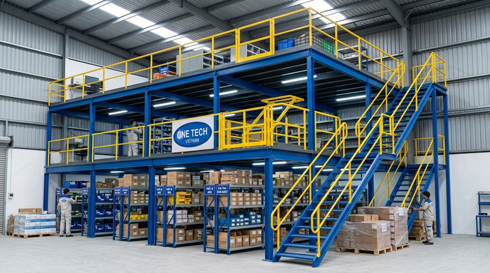 Kệ sàn mezzanine thực tế mẫu 02 Kệ mezzanine thực tế có cầu thang và lan can thép