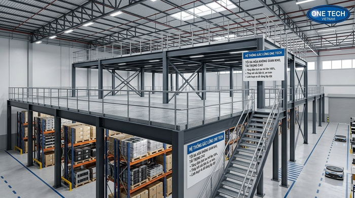 Kệ sàn mezzanine thực tế mẫu 05 Kệ sàn mezzanine cho kho có trần cao