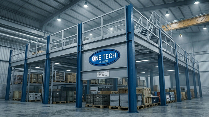 Kệ sàn mezzanine thực tế mẫu 06 Kệ mezzanine sơn tĩnh điện chống gỉ trong kho ẩm