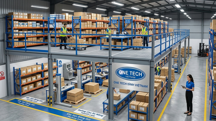 Kệ sàn mezzanine thực tế mẫu 07 Kệ sàn mezzanine kết hợp khu soạn hàng