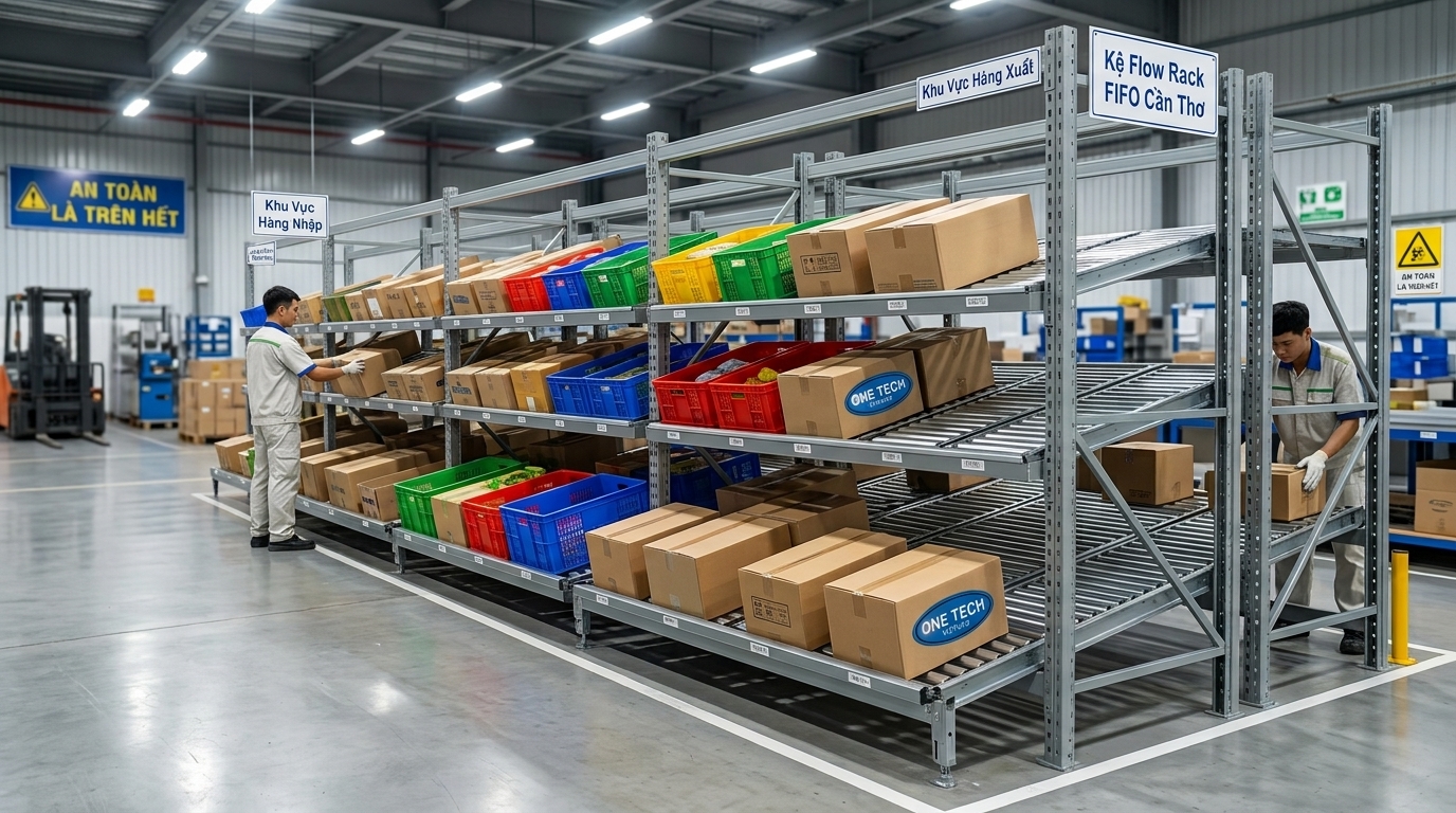 Kệ Flow racks Cần Thơ vận hành FIFO trong kho hàng Kệ Flow racks Cần Thơ vận hành theo nguyên tắc FIFO