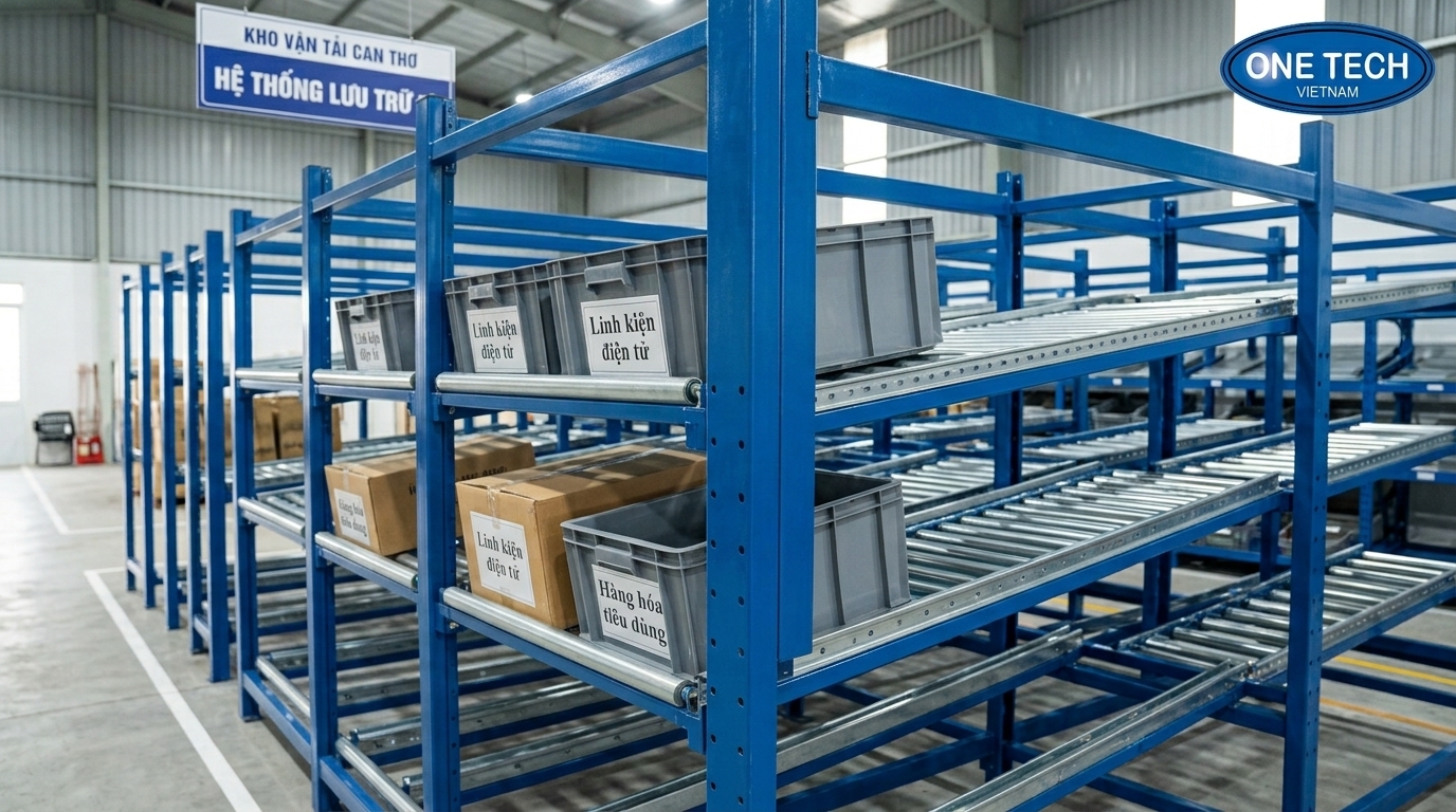 Kệ flowrack chịu ẩm phù hợp kho miền Tây Kệ flowrack chịu ẩm cho kho hàng tại Cần Thơ