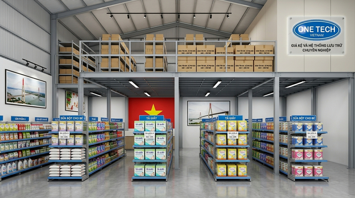 Thiết kế kệ mezzanine tối ưu không gian cửa hàng Kệ mezzanine cho cửa hàng trần cao tại Cần Thơ