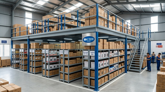 Kệ mezzanine kết hợp kệ trung tải Kệ sàn mezzanine kết hợp kệ trung tải trong kho hàng