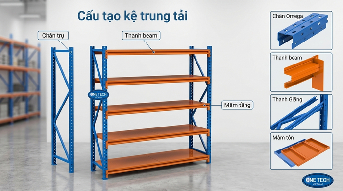 Cấu tạo kệ trung tải Cần Thơ Cấu tạo cơ bản của kệ trung tải Cần Thơ gồm chân trụ thanh beam và mâm tầng