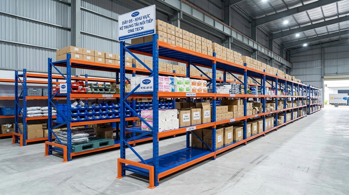 Kệ trung tải nối tiếp cho kho trung chuyển Kệ trung tải nối tiếp tạo dãy lưu trữ dài cho kho trung chuyển tại Cần Thơ