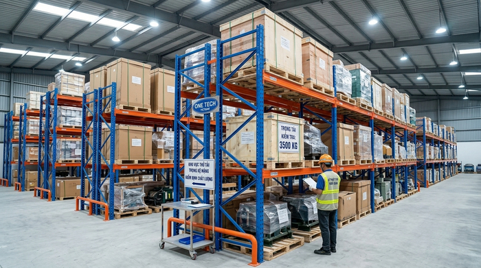 Kiểm tra tải trọng kệ pallet trước khi lắp đặt tại kho Cần Thơ