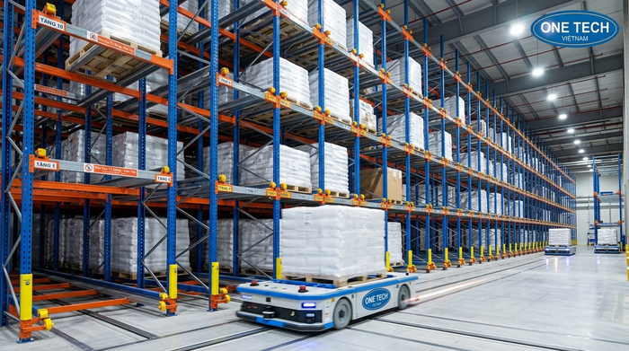 Robot shuttle trong hệ thống kệ kho tự động Cần Thơ Robot shuttle chạy trên ray trong hệ thống kệ pallet tự động tại Cần Thơ
