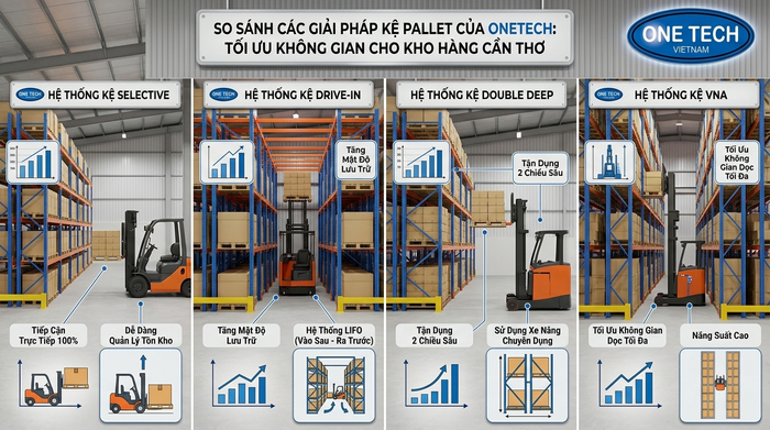 So sánh các loại kệ pallet Cần Thơ gồm Selective Drive In và Double Deep