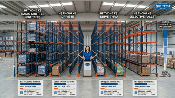 So sánh kệ Radio Shuttle Cần Thơ với kệ pallet khác So sánh mật độ lưu trữ giữa kệ Radio Shuttle và các loại kệ pallet tại Cần Thơ