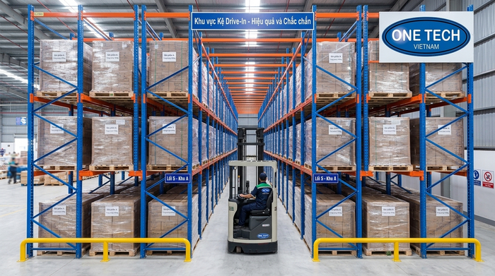 Xe nâng di chuyển vào hệ thống kệ drive in để lấy pallet