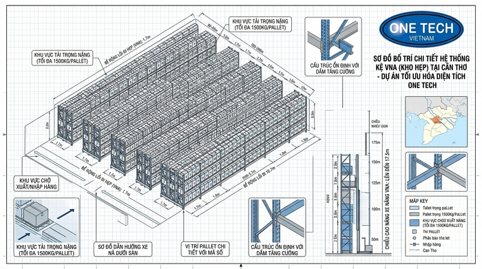 Bản vẽ bố trí Kệ Narrow Aisle Cần Thơ theo chiều rộng lối đi và vị trí pallet