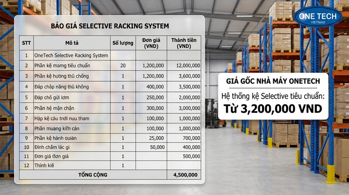 Báo giá kệ Selective trực tiếp từ nhà máy OneTech Bảng tính chi phí và báo giá chi tiết hệ thống kệ Selective