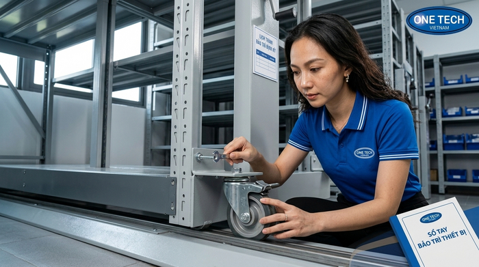 Bảo trì kệ kho di động Cần Thơ Bảo trì kệ kho di động Cần Thơ kiểm tra ray bánh xe và bu lông