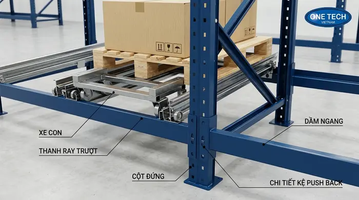 Cấu tạo Kệ Push Back Cần Thơ Cấu tạo chi tiết Kệ Push Back Cần Thơ gồm khung beam ray trượt và xe con