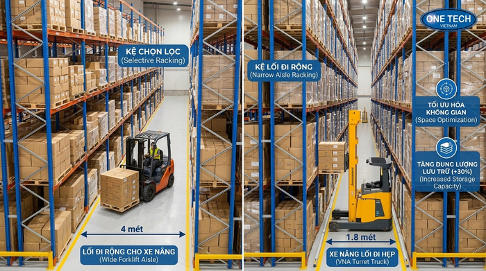 So sánh lối đi kệ pallet thường và Kệ Narrow Aisle Cần Thơ