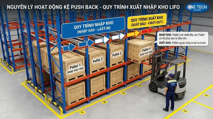 Nguyên tắc LIFO trên Kệ Push Back Cần Thơ Minh họa nguyên tắc LIFO trên Kệ Push Back Cần Thơ