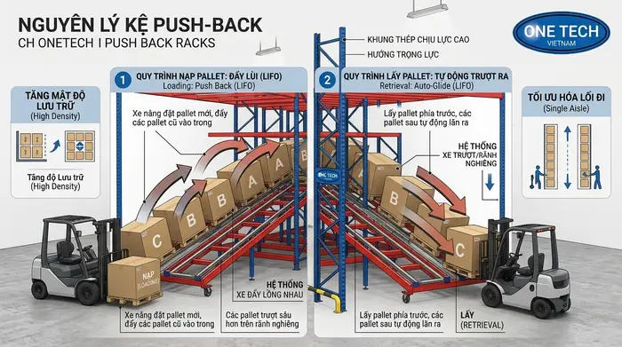 Nguyên lý hoạt động Kệ Push Back Cần Thơ Mô phỏng nguyên lý hoạt động Kệ Push Back Cần Thơ trong kho pallet