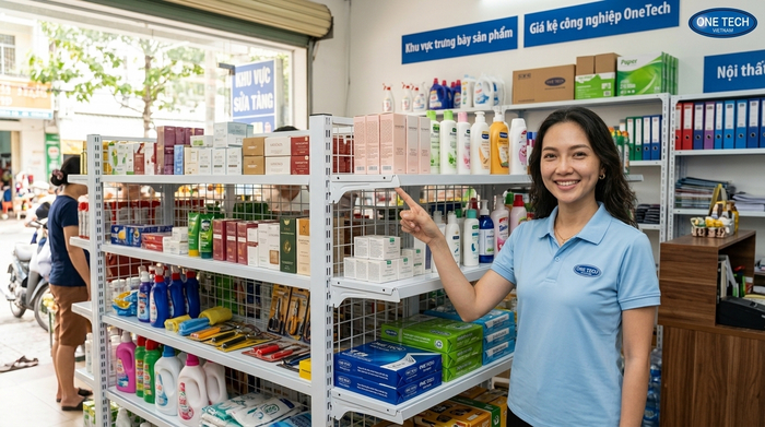 Ứng dụng kệ sắt V lỗ cho cửa hàng bán lẻ tại Ninh Kiều Kệ sắt v lỗ trưng bày hàng hóa tại shop ở Ninh Kiều