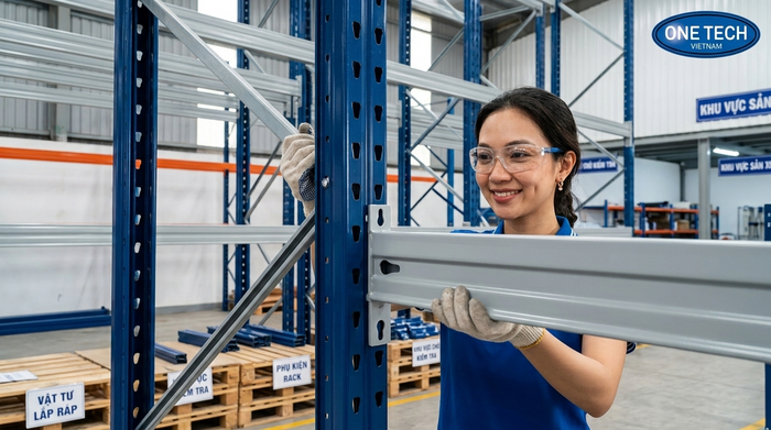 Thi công lắp đặt kệ kho hàng nhanh chóng an toàn Đội ngũ kỹ thuật đang lắp đặt kệ sắt công nghiệp tại kho hàng