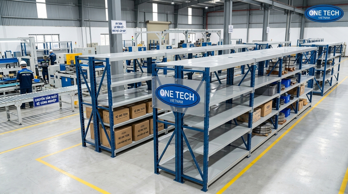 Nhà máy sản xuất kệ sắt OneTech đạt chuẩn quốc tế Dây chuyền sản xuất kệ kho hàng công nghiệp tại nhà máy OneTech