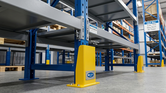 Phụ kiện an toàn cho Kệ Narrow Aisle Cần Thơ gồm bảo vệ chân trụ và khóa beam