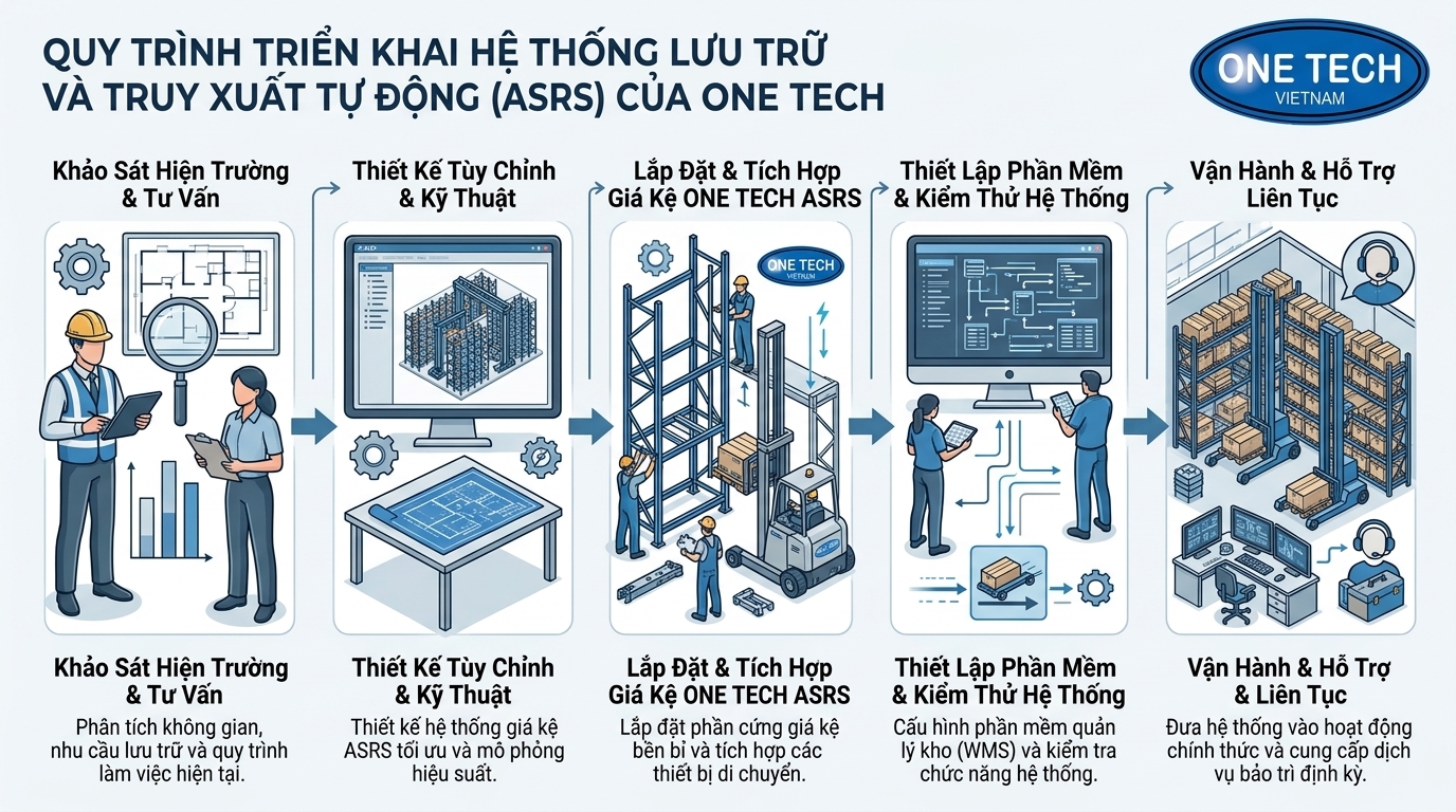 Quy trình triển khai kệ kho ASRS Cần Thơ từ khảo sát thiết kế lắp đặt đến vận hành