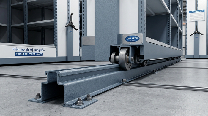 Ray dẫn hướng kệ kho di động Chi tiết ray kệ kho di động Cần Thơ giúp kệ di chuyển ổn định
