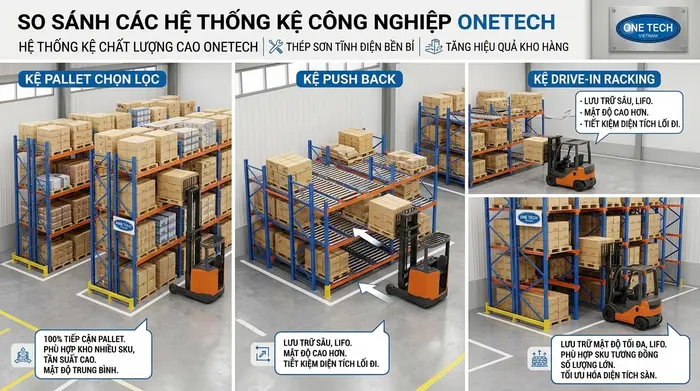 So sánh Kệ Push Back Cần Thơ với các hệ kệ khác So sánh Kệ Push Back Cần Thơ với kệ Selective và Drive In