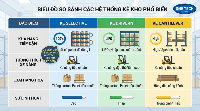 So sánh kệ Selective và các hệ thống lưu trữ khác Biểu đồ so sánh tính năng giữa kệ Selective và các loại kệ kho khác