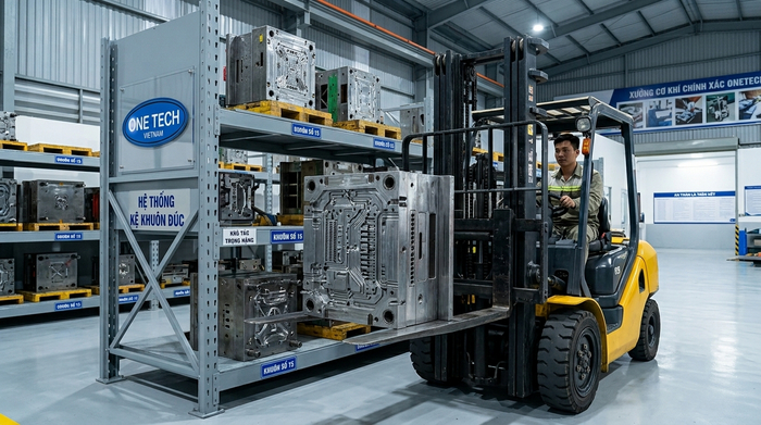Xe nâng dùng cho kệ khuôn công nghiệp Xe nâng thao tác với kệ khuôn công nghiệp trong nhà xưởng