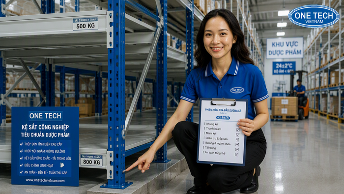 Bảo trì kệ kho dược phẩm Cần Thơ kiểm tra chân trụ và tải trọng