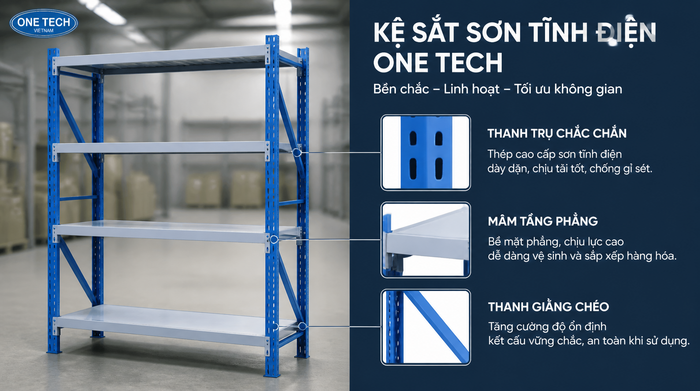 Cấu tạo kệ tải trọng nhẹ sơn tĩnh điện gồm chân trụ mâm tầng và thanh giằng