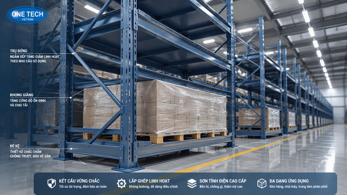 Cấu tạo kệ xếp chồng tải trọng cao Cấu tạo kệ xếp chồng tải trọng cao gồm đế kệ, trụ đứng và khung giằng