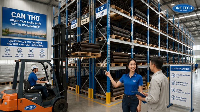 Kệ Selective chứa bó ống thép bằng xe nâng tại Cần Thơ