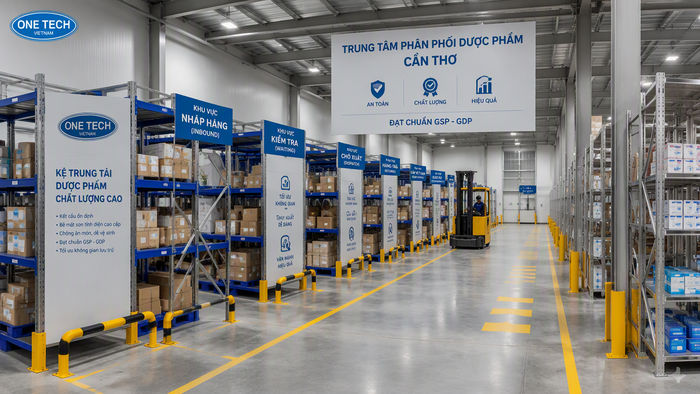 Thiết kế mặt bằng kệ kho dược phẩm Cần Thơ tối ưu lối đi xe nâng