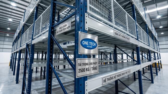 An toàn kệ kho FMCG Cần Thơ trong vận hành xe nâng An toàn kệ kho FMCG Cần Thơ với rào chắn và biển tải trọng