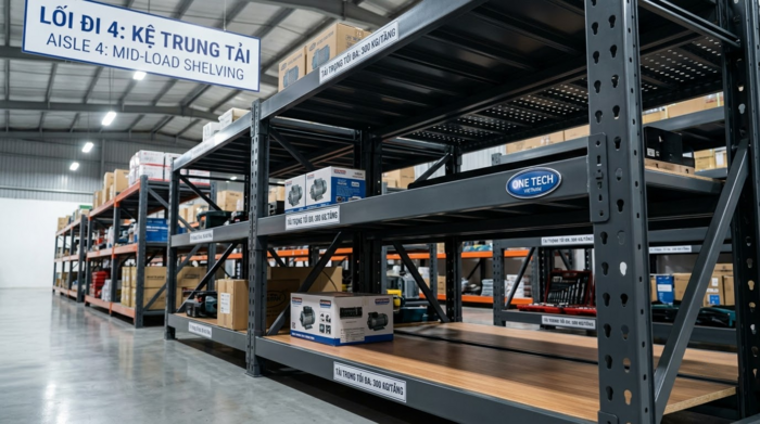 Cấu tạo kệ trung tải gồm chân trụ beam mâm tầng và giằng