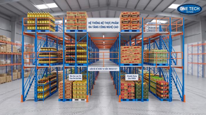 Kệ kho đa tầng cho thực phẩm tối ưu diện tích kho FMCG Kệ kho đa tầng cho thực phẩm tại Cần Thơ
