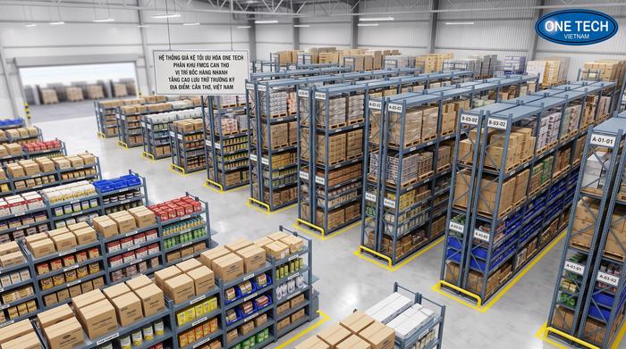 Layout kệ kho FMCG Cần Thơ tối ưu xuất nhập hàng Layout kệ kho FMCG Cần Thơ tối ưu mật độ lưu trữ